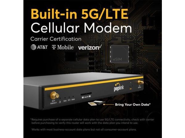 Peplink B One 5G - Gigabit Dual WAN
  Cellular WiFi Router for Wireless Internet - 1Gbps Throughput, Wi-Fi 6,
  Dual-Band, 4 LAN Ports, Supports 150 Users, Peplink App Setup