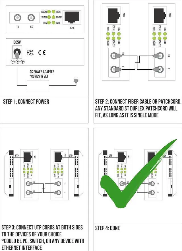 Single Mode ST Gigabit Fiber Media Converter - Built-in Fiber Module 20 km (12.42 Miles) ST to UTP Cat5e Cat6 10/100/1000 RJ-45 Auto Sensing Gigabit or Fast Ethernet - Jumbo Frame - LLF Support - Image 5