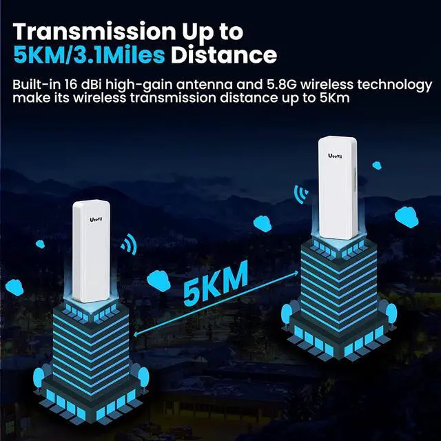 Gigabit Wireless Bridge, UeeVii CPE850 5.8GHz Point to Point/Multipoint WiFi Bridge, 5KM Long Range Outdoor WiFi CPE with 16dBi Antenna, 24V PoE Power, Extend Network to Barns, Shops, Garages - Image 2