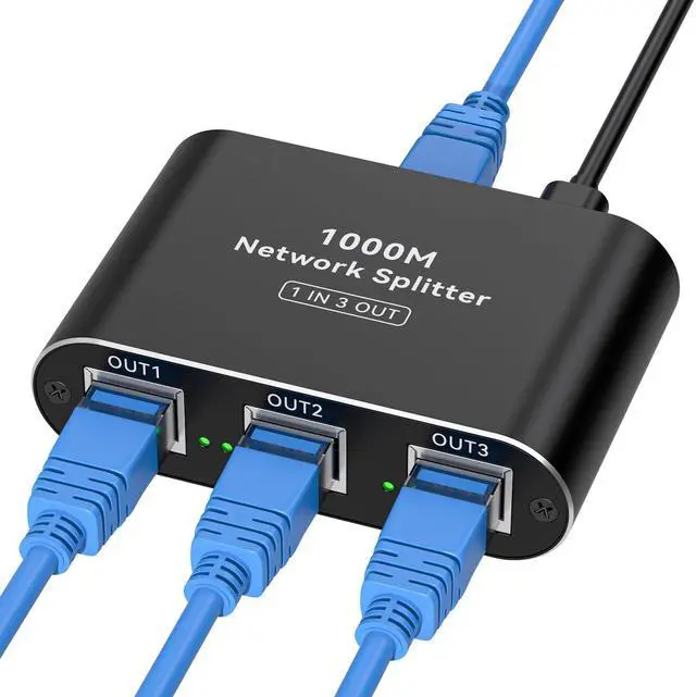 Ethernet Splitter 1 to 3 High Speed LAN Splitter 1000Mbps Gigabit RJ45 Ethernet Switch with USB C Power Cable for Cat5/5e/6/7/8 Cable