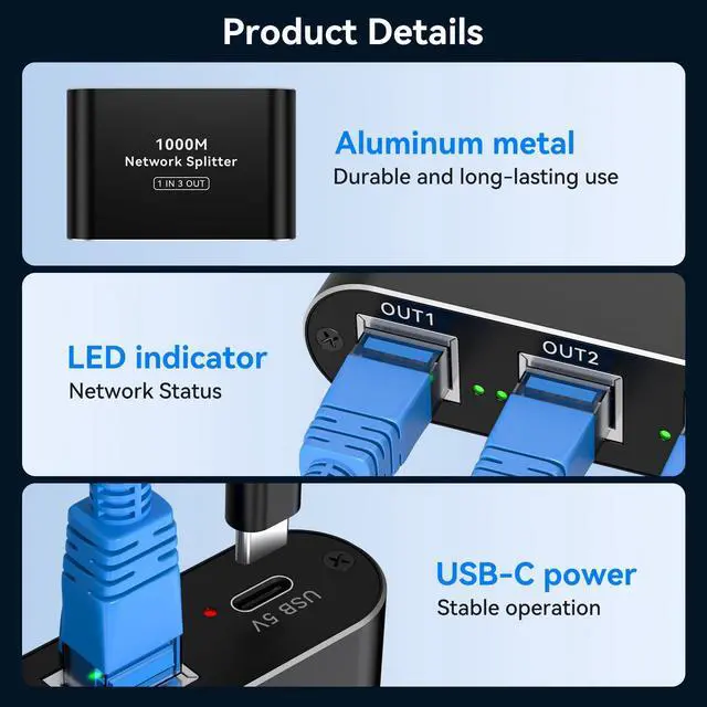 Ethernet Splitter 1 to 3 High Speed LAN Splitter 1000Mbps Gigabit RJ45 Ethernet Switch with USB C Power Cable for Cat5/5e/6/7/8 Cable - Image 6