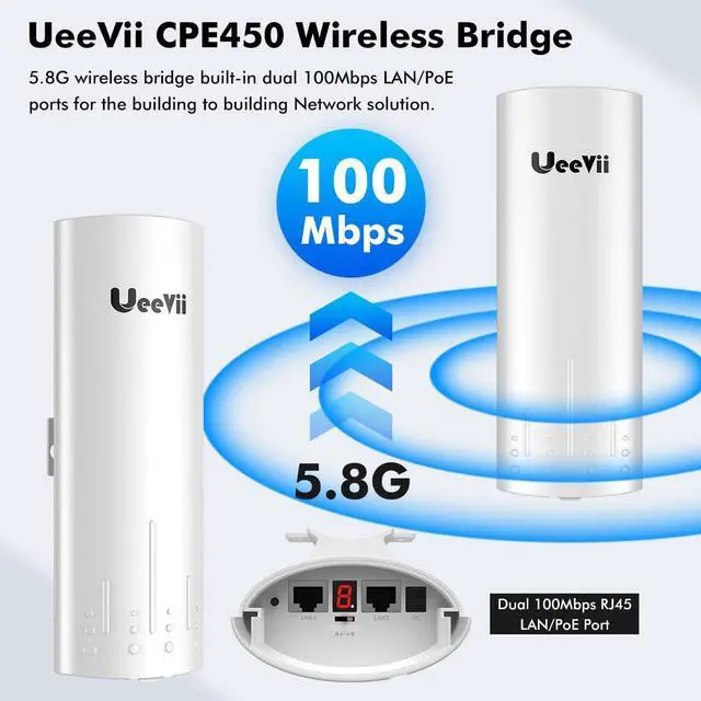 Wireless Bridge Point to Point Outdoor: UeeVii CPE450 5.8G 3Km Long Range Wi-Fi Bridge for Extend Network to Barn and Surveillance Range - Work with Starlink, 14dBi MIMO Antenna,48V POE Powered, 2pcs - Image 2