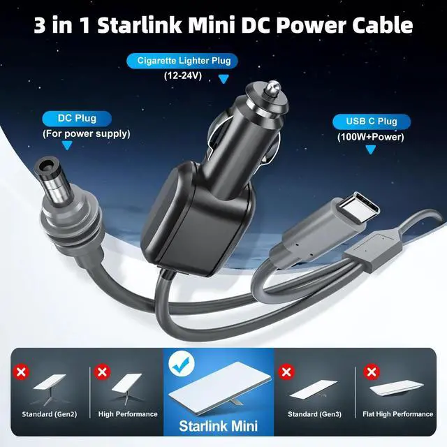 Unew 9.8FT 3 in 1 Starlink Mini DC Power Cable, Cigarette Lighter Car Charger Cord with PD Type-C Port - Image 2