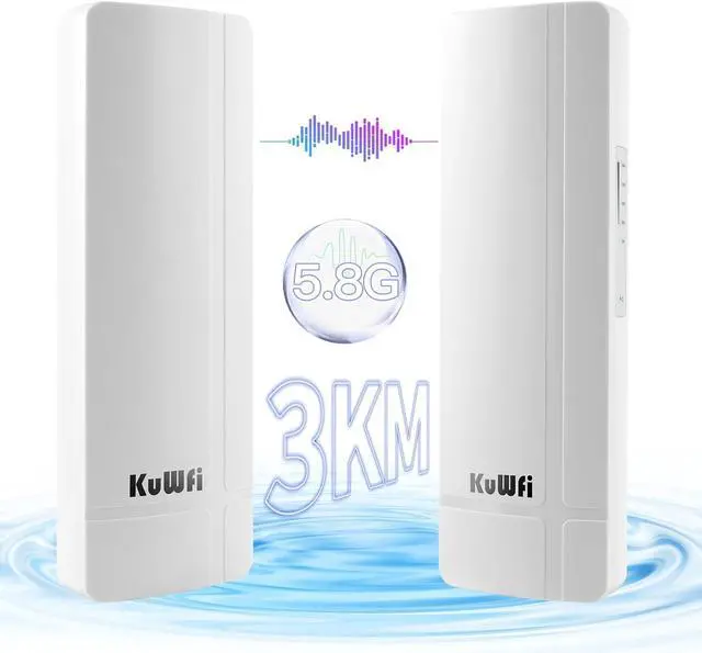 KuWFi 5.8G 3KM Gigabit Wireless WiFi Bridge Point to Point Outdoor Work for Starlink Satellite Signal Extend Outdoor Super Long Range WiFi Router Bridge 1000Mbps Ethernet Port 24V PoE Power 2-Pack