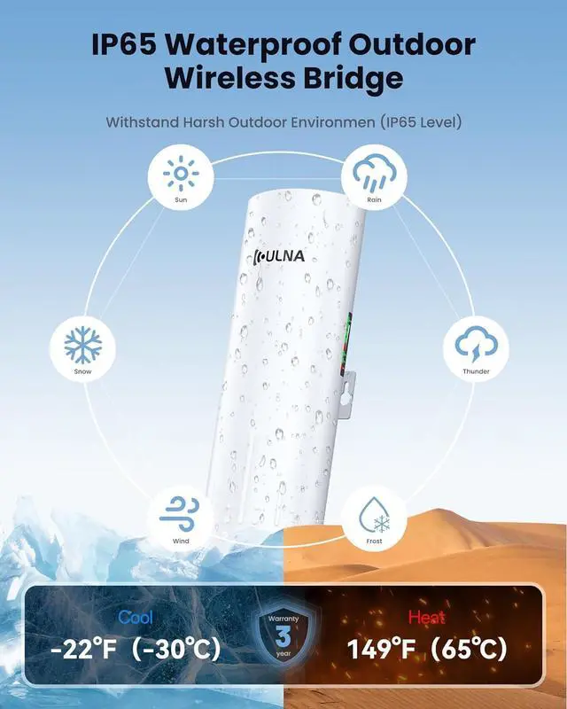 ULNA Point to Point Wireless Bridge: 5.8GHz 1Gbps High-Speed Point-to-Point Starlink WiFi Extender 3km Range, 16dBi Antenna, IP65 Waterproof, Plug & Play, Ideal for Barn, Garage, Shop - Image 6