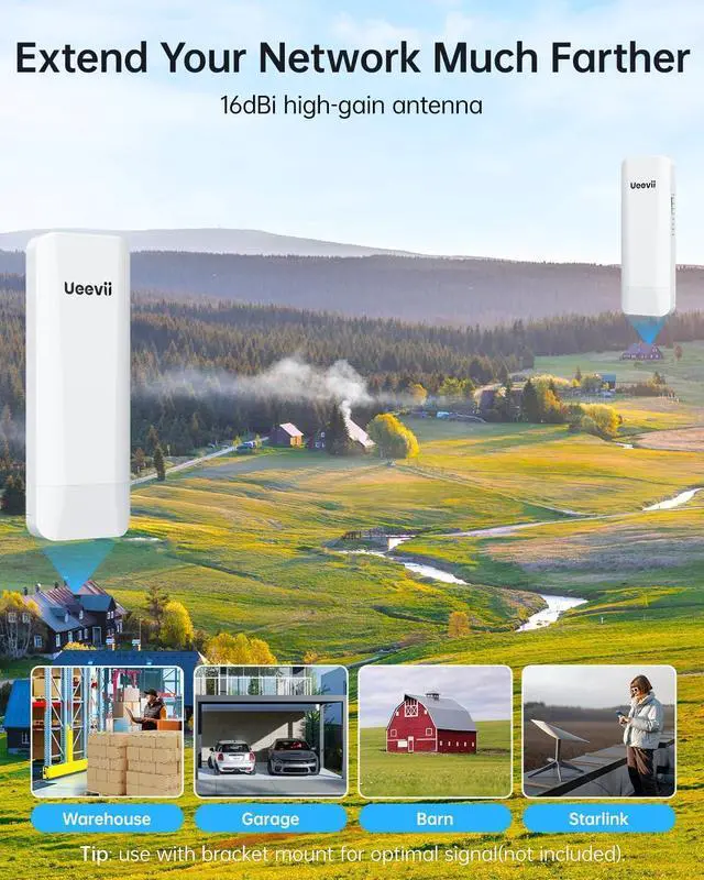 Wireless Bridge Point to Point Outdoor: Ueevii 5.8GHz Dual 100Mbps WiFi Bridge, 2KM Range CPE for Network Extend, PoE Adapter, IP65 Weatherproof, CPE453 for Starlink Garage Barn Shop - Image 2