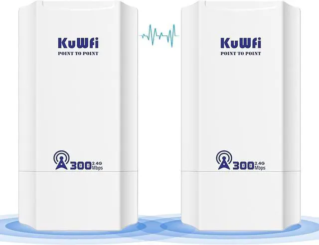 KuWFi 2.4G 300Mbps Network Wireless Ethernet Bridge, Outdoor CPE WiFi Point to Point Wireless Access Point Internet Bridge 1KM Long Range Distance Solution for Extend starlink Router Signal 2-Packs