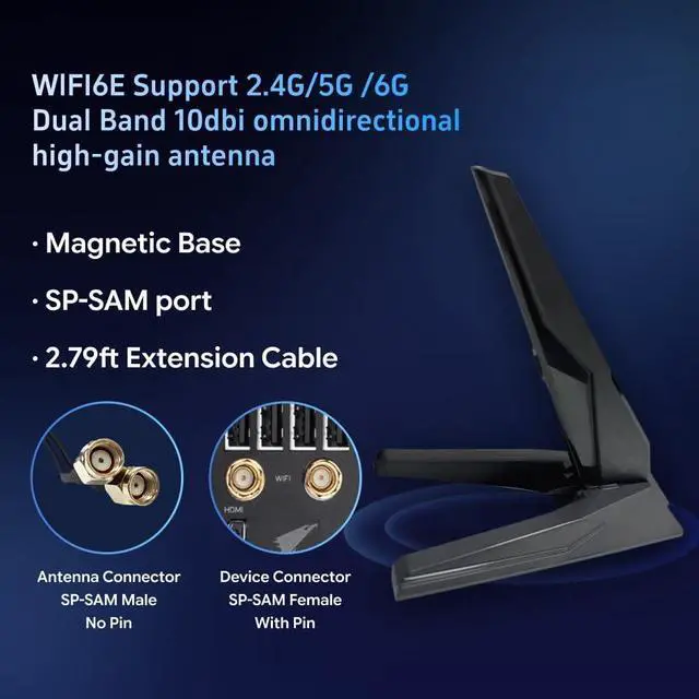WiFi 6e 7 Antenna 2T2R Dual Band Moving Antenna Magnetic Base RP-SMA Connector for PC Desktop Computer Motherboard Bluetooth Card Wireless WiFi Router Wi-Fi7 with 2.79ft Extension Cable - Image 2