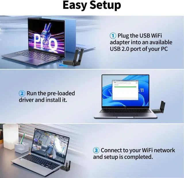 WiFi Adapter for Desktop PC, Wireless Adapter Wide-Coverage Dual Band 2.4GHz 400Mbps and 5GHz 867Mbps, USB 2.0, Dual High Gain Antenna, Supports Windows 10/11, Plug and Play 1300Mbps - Image 6