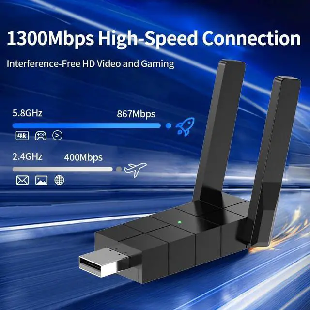 WiFi Adapter for Desktop PC, Wireless Adapter Wide-Coverage Dual Band 2.4GHz 400Mbps and 5GHz 867Mbps, USB 2.0, Dual High Gain Antenna, Supports Windows 10/11, Plug and Play 1300Mbps - Image 2