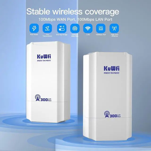 KuWFi 2.4G 300Mbps Network Wireless Ethernet Bridge, Outdoor CPE WiFi Point to Point Wireless Access Point Internet Bridge 1KM Long Range Distance Solution for Extend starlink Router Signal 2-Packs - Image 3