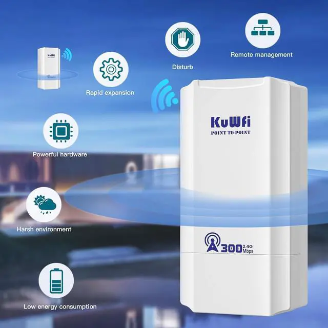 KuWFi 2.4G 300Mbps Network Wireless Ethernet Bridge, Outdoor CPE WiFi Point to Point Wireless Access Point Internet Bridge 1KM Long Range Distance Solution for Extend starlink Router Signal 2-Packs - Image 4