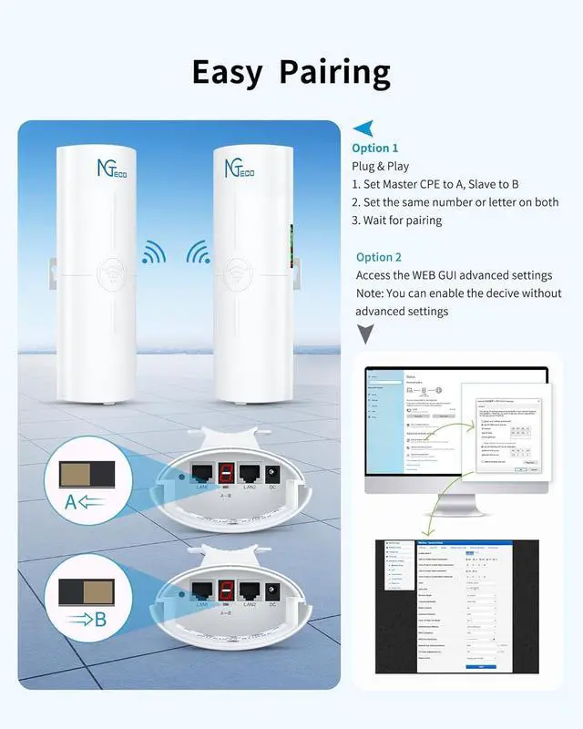 Wireless Bridge, 5KM 5.8GHz Point to Point Outdoor WiFi Bridges with 14DBi High Gain Antenna, Compatible with Network Sharing,Network Extend, 2 Pack - Image 5