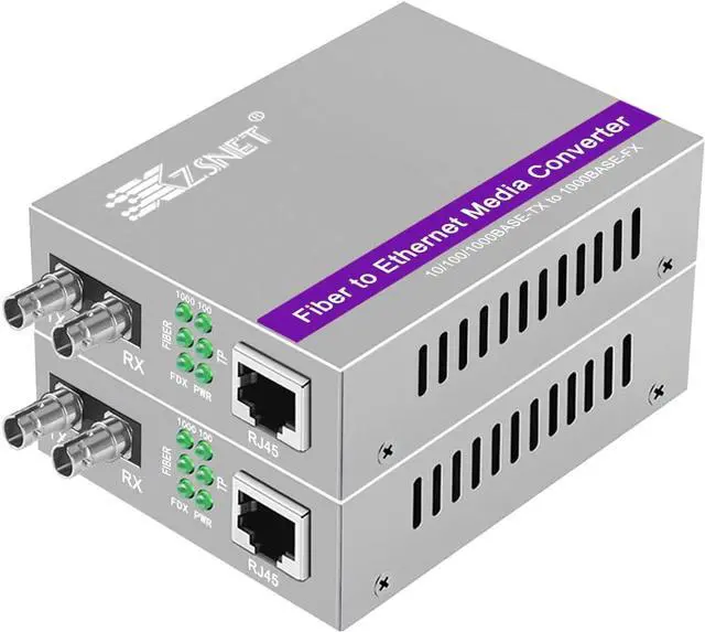 A Pair of Gigabit ST to RJ45 Converter, Single-Mode Fiber to Ethernet Media Converter (Built-in Module, 1310nm, 20km), Plug & Play, 10/100/1000 Base-T Compatible, Auto-Negotiation, Jumbo Frame