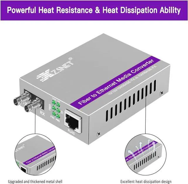 A Pair of Gigabit ST to RJ45 Converter, Single-Mode Fiber to Ethernet Media Converter (Built-in Module, 1310nm, 20km), Plug & Play, 10/100/1000 Base-T Compatible, Auto-Negotiation, Jumbo Frame - Image 3