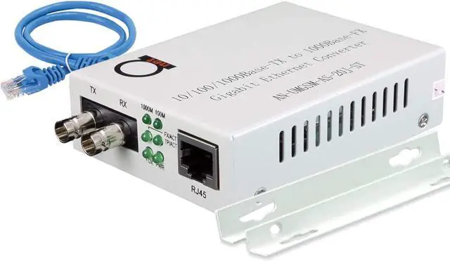 Single Mode ST Gigabit Fiber Media Converter - Built-in Fiber Module 20 km (12.42 Miles) ST to UTP Cat5e Cat6 10/100/1000 RJ-45 Auto Sensing Gigabit or Fast Ethernet - Jumbo Frame - LLF Support