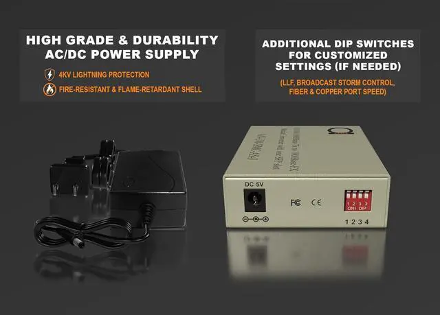 Single Mode ST Gigabit Fiber Media Converter - Built-in Fiber Module 20 km (12.42 Miles) ST to UTP Cat5e Cat6 10/100/1000 RJ-45 Auto Sensing Gigabit or Fast Ethernet - Jumbo Frame - LLF Support - Image 4